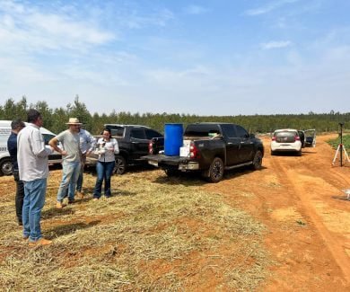 Três profissionais da Difere Energia no campo utilizando tecnologia no agronegócio