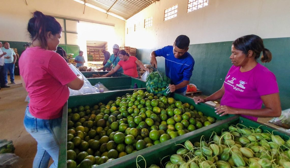 Banca de frutas com manga e laranja. Alguns produtores rurais em volta.