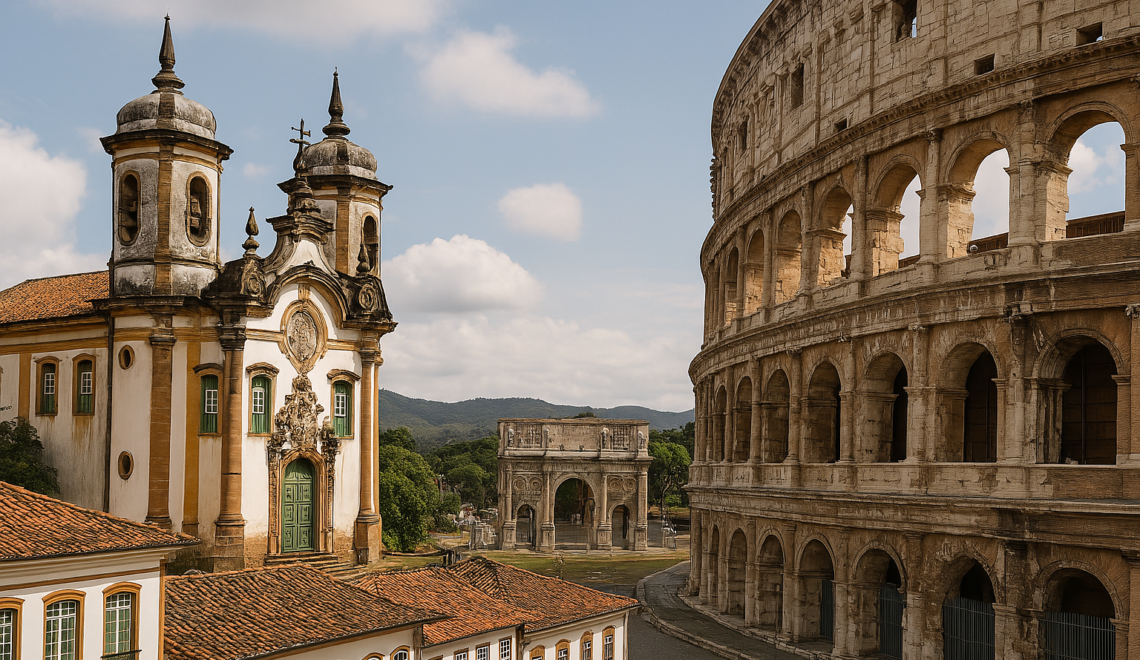 Montagem livre sobre a arquitetura colonial de Minas e o Coliseu de Roma (Gerada por IA)