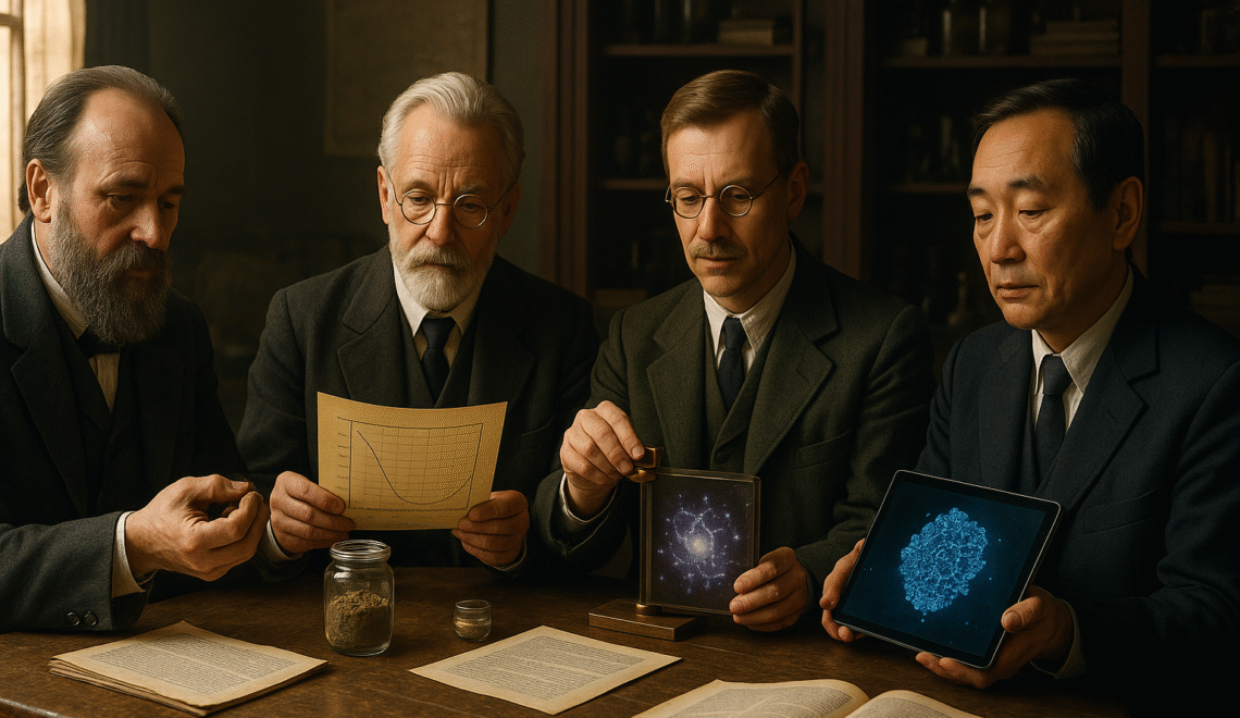 IA possibilita encontro inusitado. “A Mesa do Conhecimento”, reúne Vasily Dokuchaev, Friedrich Rinne, Albert Atterberg e Norio Taniguchi