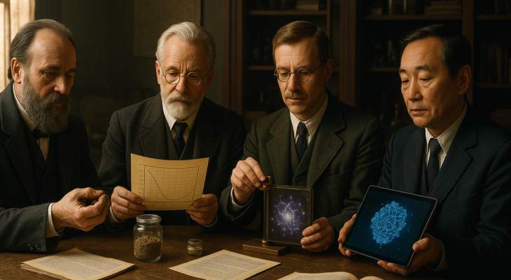 IA possibilita encontro inusitado. “A Mesa do Conhecimento”, reúne Vasily Dokuchaev, Friedrich Rinne, Albert Atterberg e Norio Taniguchi