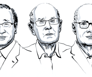 Imagem publicada no Brasil pela Agência Fapesp: Susumu Kitagawa, Richard Robson e Omar Yaghi: achados iniciais da área foram vistos como inúteis até 1997 (ilustração: Niklas Elmehed/Nobel Prize Outreach)