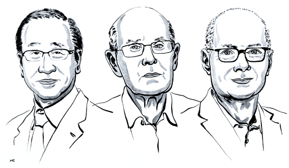 Imagem publicada no Brasil pela Agência Fapesp: Susumu Kitagawa, Richard Robson e Omar Yaghi: achados iniciais da área foram vistos como inúteis até 1997 (ilustração: Niklas Elmehed/Nobel Prize Outreach)