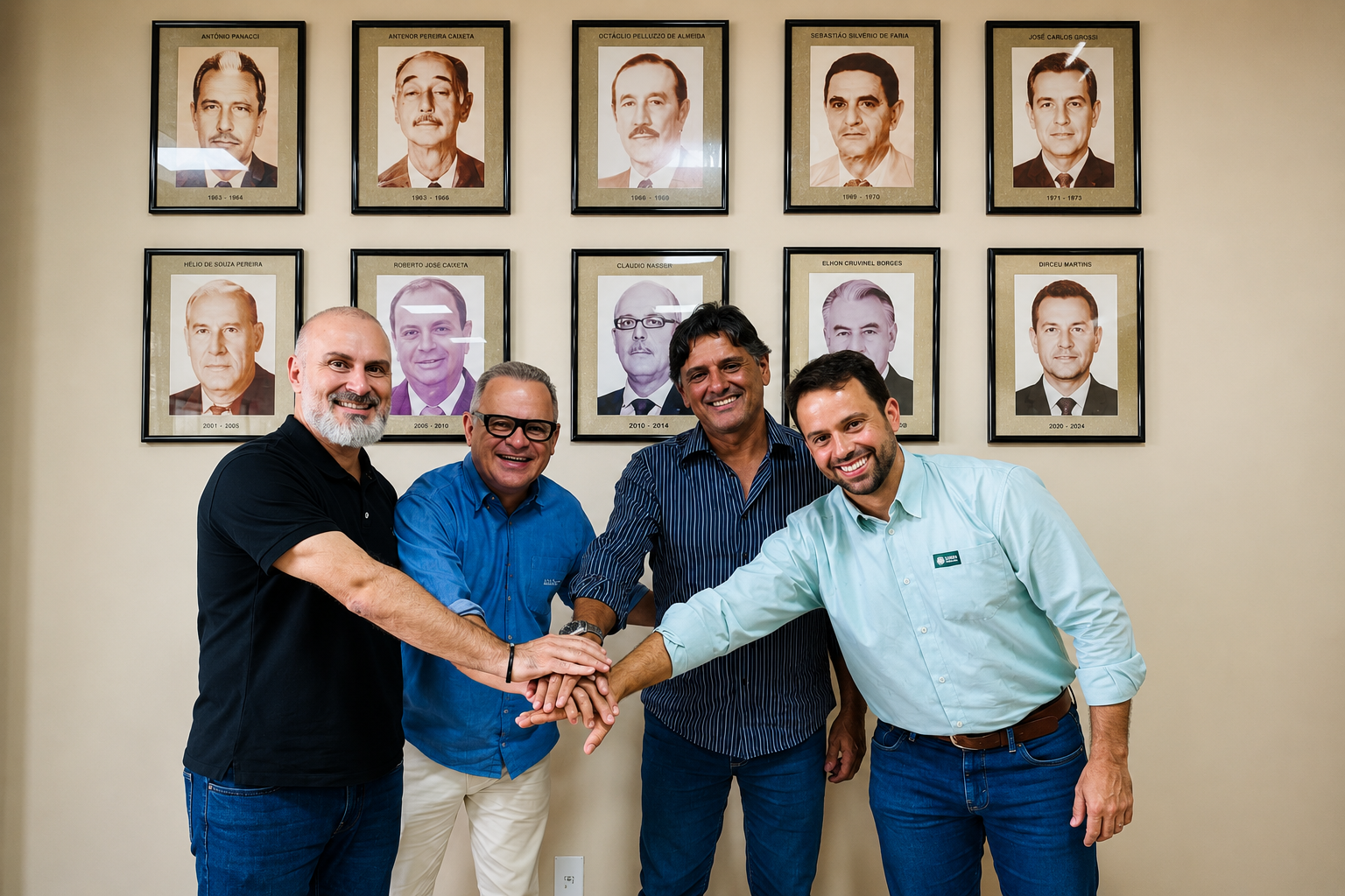 Da esquerda para a direita: Marcos Alves (Sebrae Minas), Rubens Ferraz (Agência Ilustra), Cleides Júnior (Sindicato dos Produtores Rurais de Patos de Minas) e Ricardo Costa (Sistema Faemg Senar) durante o lançamento do programa Juntos Pelo Agro na Fenamilho. Crédito: Divulgação FAEMG/SENAR